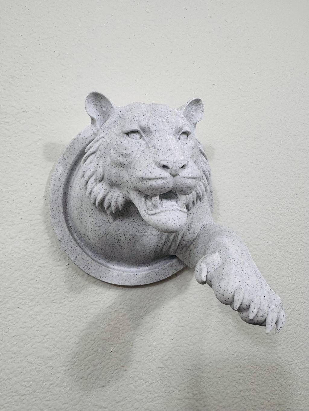 Tiger Wall Mount Sculpture • Fierce Tiger Wall Art with Reaching Paw • Stone Speckle Finish • Animal Decor for Home Office or Gift