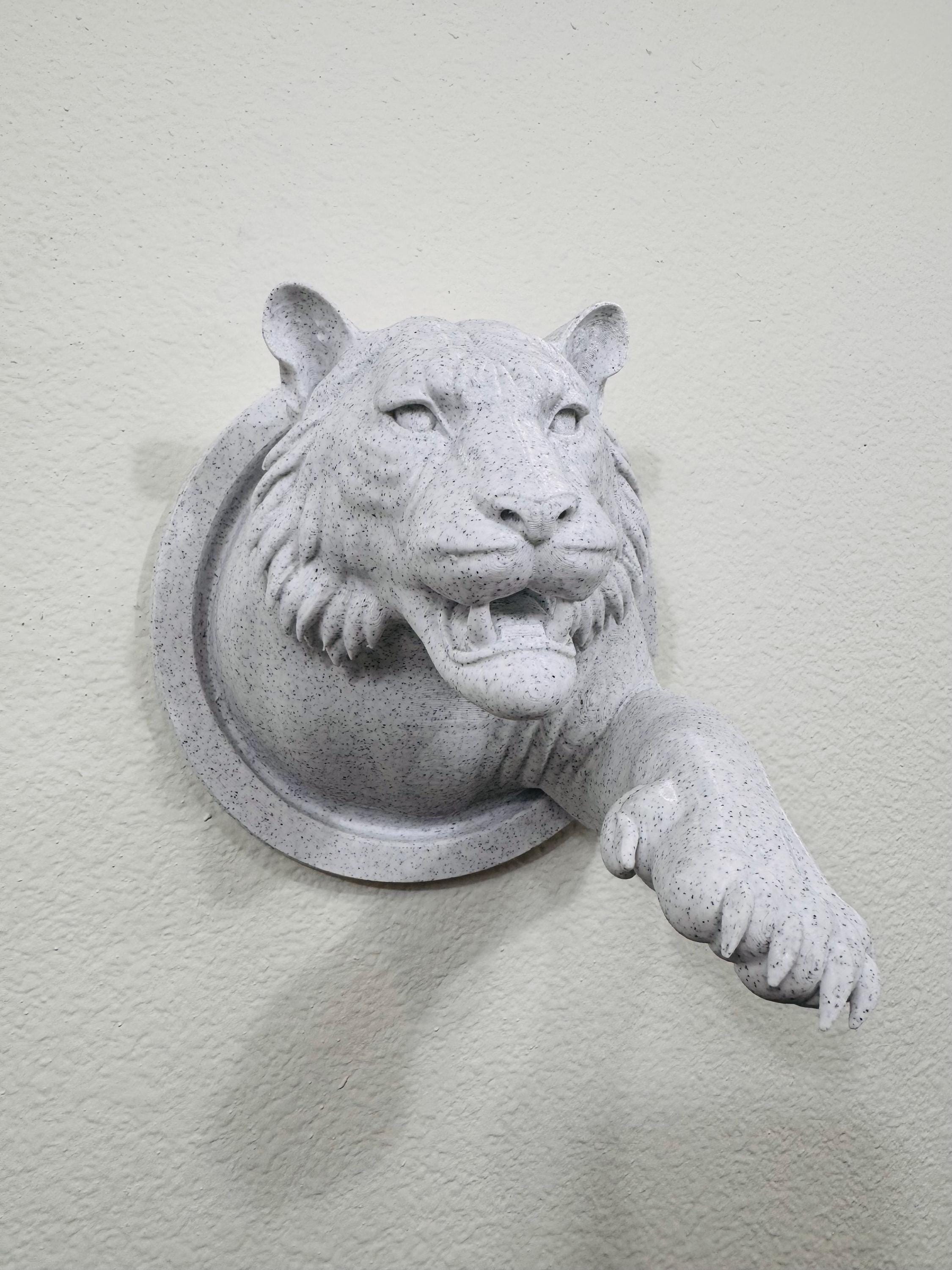 Tiger Wall Mount Sculpture • Fierce Tiger Wall Art with Reaching Paw • Stone Speckle Finish • Animal Decor for Home Office or Gift