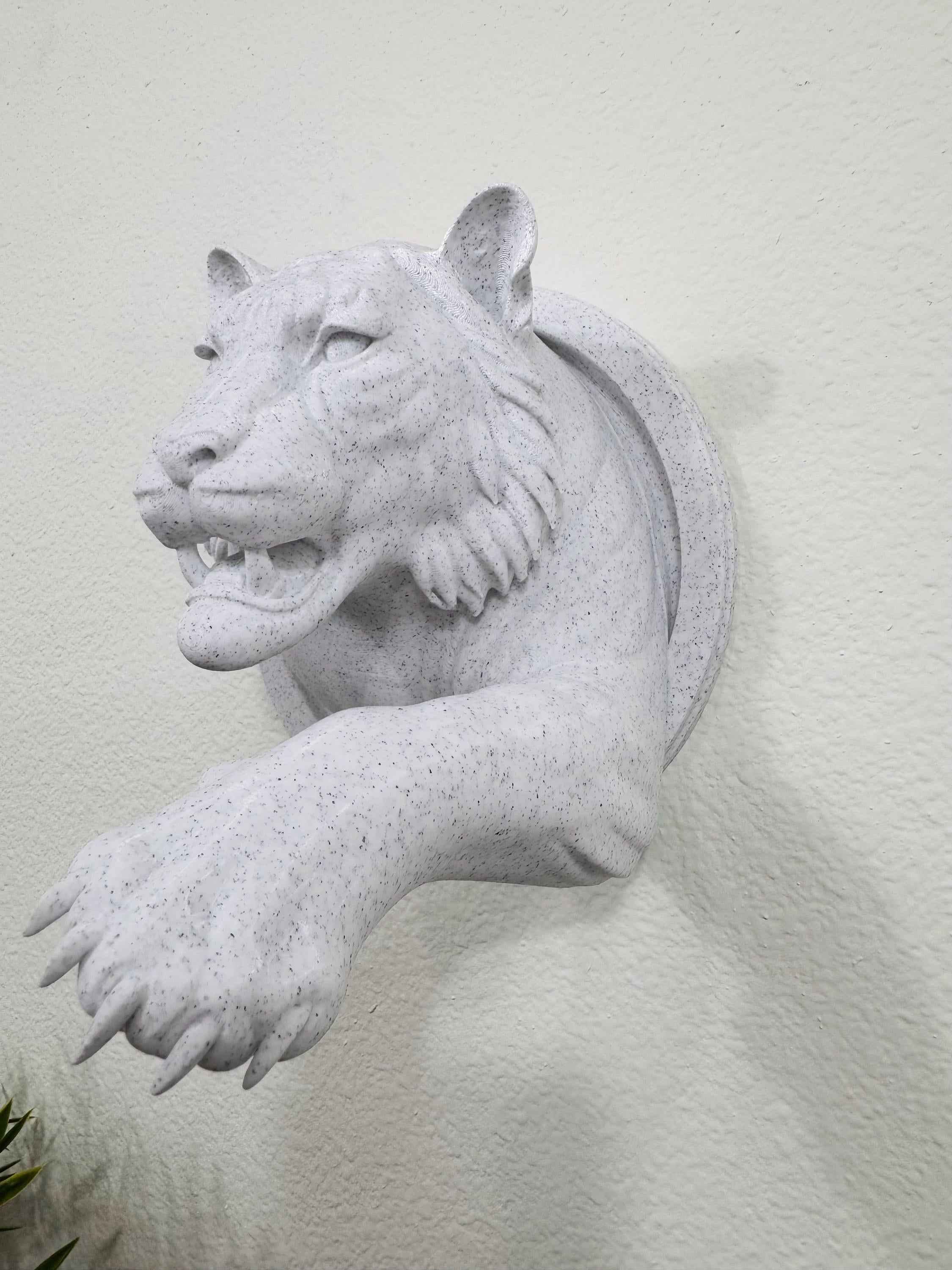 Tiger Wall Mount Sculpture • Fierce Tiger Wall Art with Reaching Paw • Stone Speckle Finish • Animal Decor for Home Office or Gift