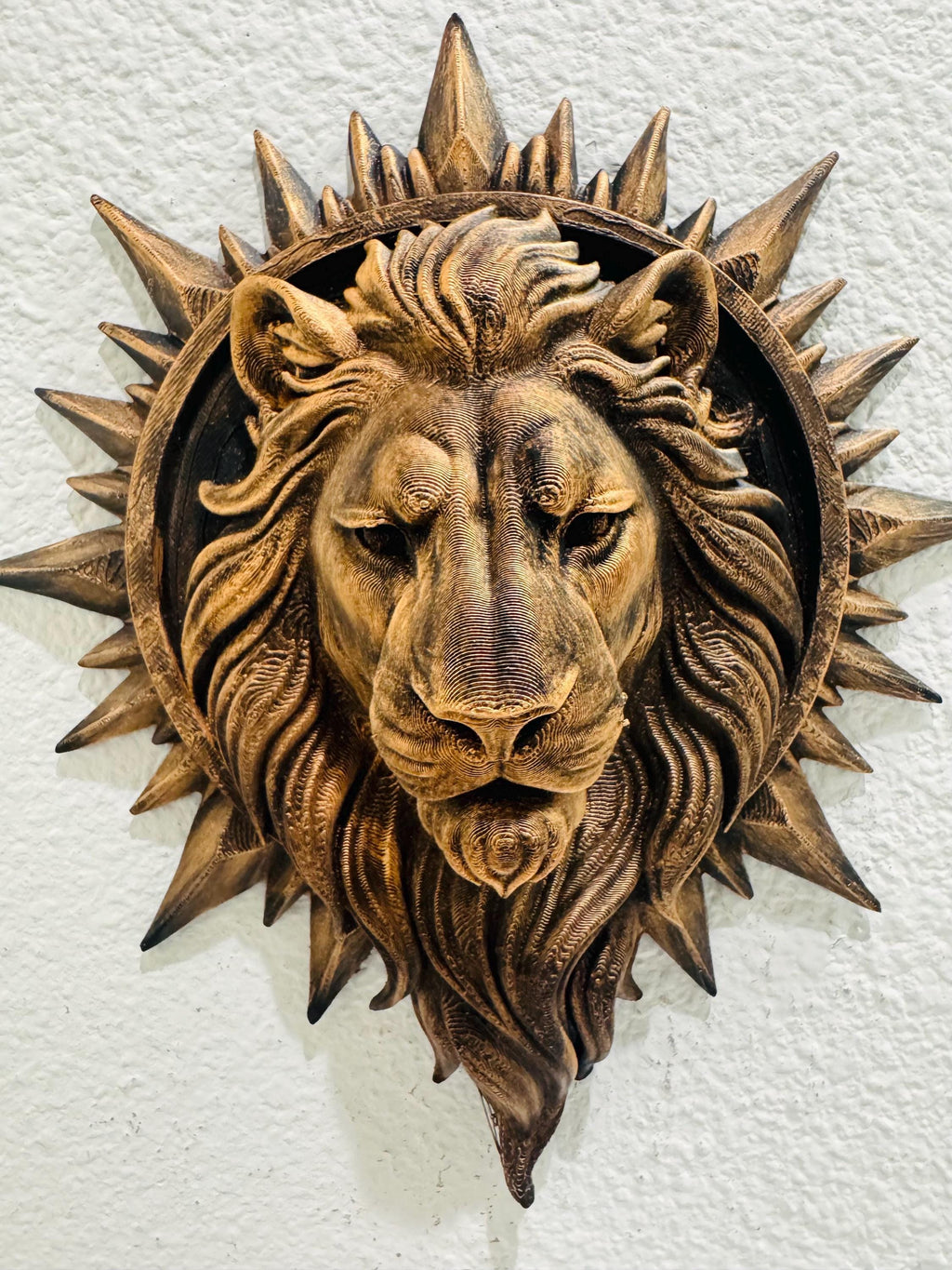 Hand Painted Bronze Lion Head Wall Art – Sunburst Lion Sculpture – Regal Animal Wall Hanging - Statement Decor for Living Room or Entryway