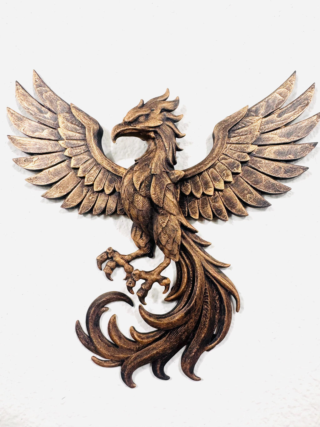 Hand Painted Phoenix Wall Art | Mythical Bird Sculpture | Rising Phoenix Home Decor | Bronze Style Wall Hanging | Fantasy Gift Gold Antique