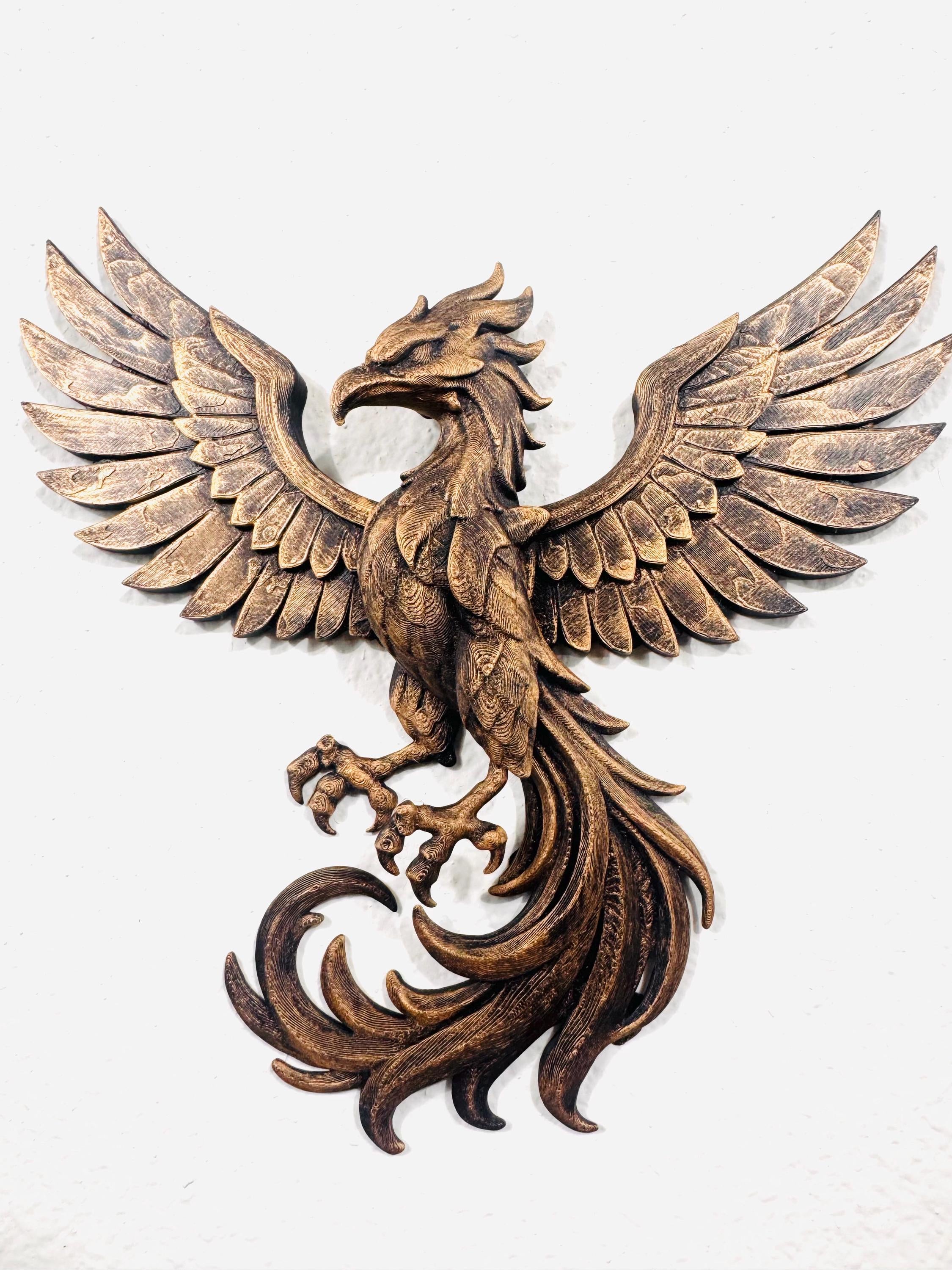 Hand Painted Phoenix Wall Art | Mythical Bird Sculpture | Rising Phoenix Home Decor | Bronze Style Wall Hanging | Fantasy Gift Gold Antique