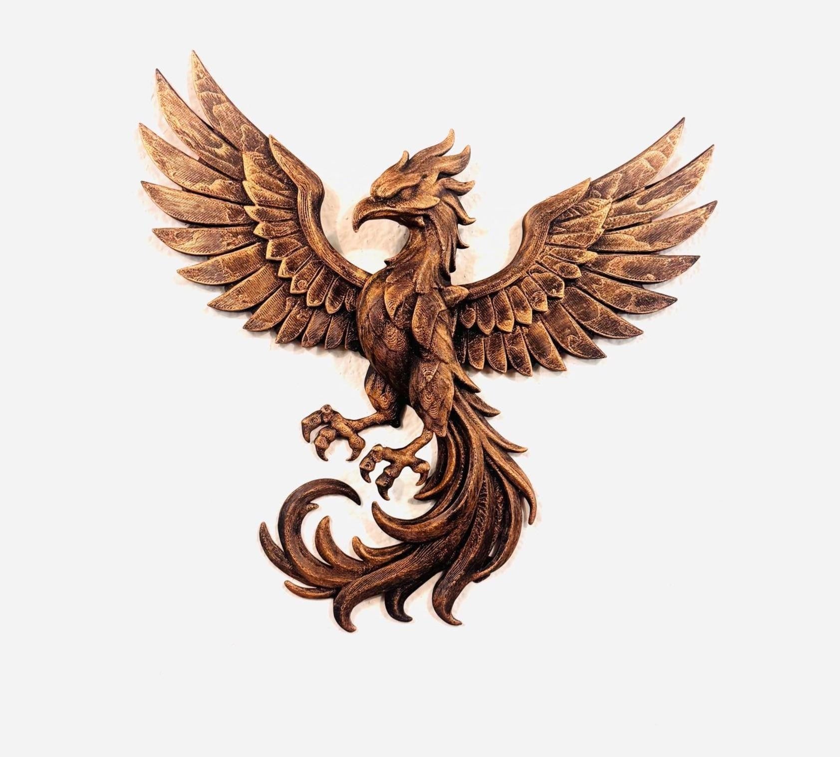 Hand Painted Phoenix Wall Art | Mythical Bird Sculpture | Rising Phoenix Home Decor | Bronze Style Wall Hanging | Fantasy Gift Gold Antique