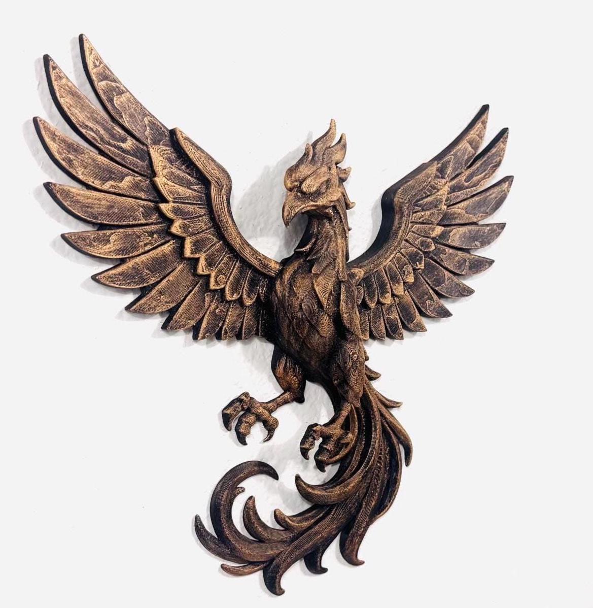 Hand Painted Phoenix Wall Art | Mythical Bird Sculpture | Rising Phoenix Home Decor | Bronze Style Wall Hanging | Fantasy Gift Gold Antique