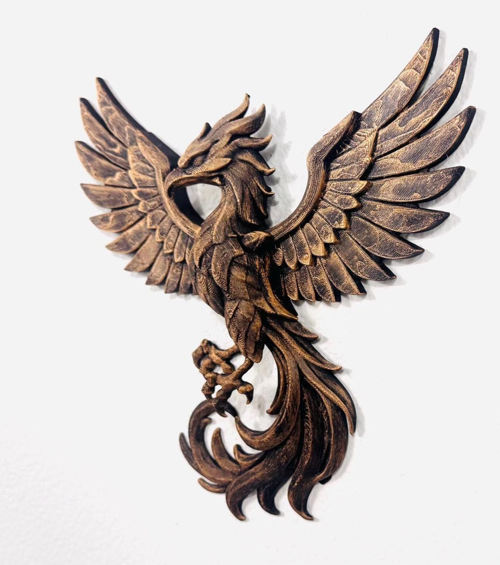 Hand Painted Phoenix Wall Art | Mythical Bird Sculpture | Rising Phoenix Home Decor | Bronze Style Wall Hanging | Fantasy Gift Gold Antique