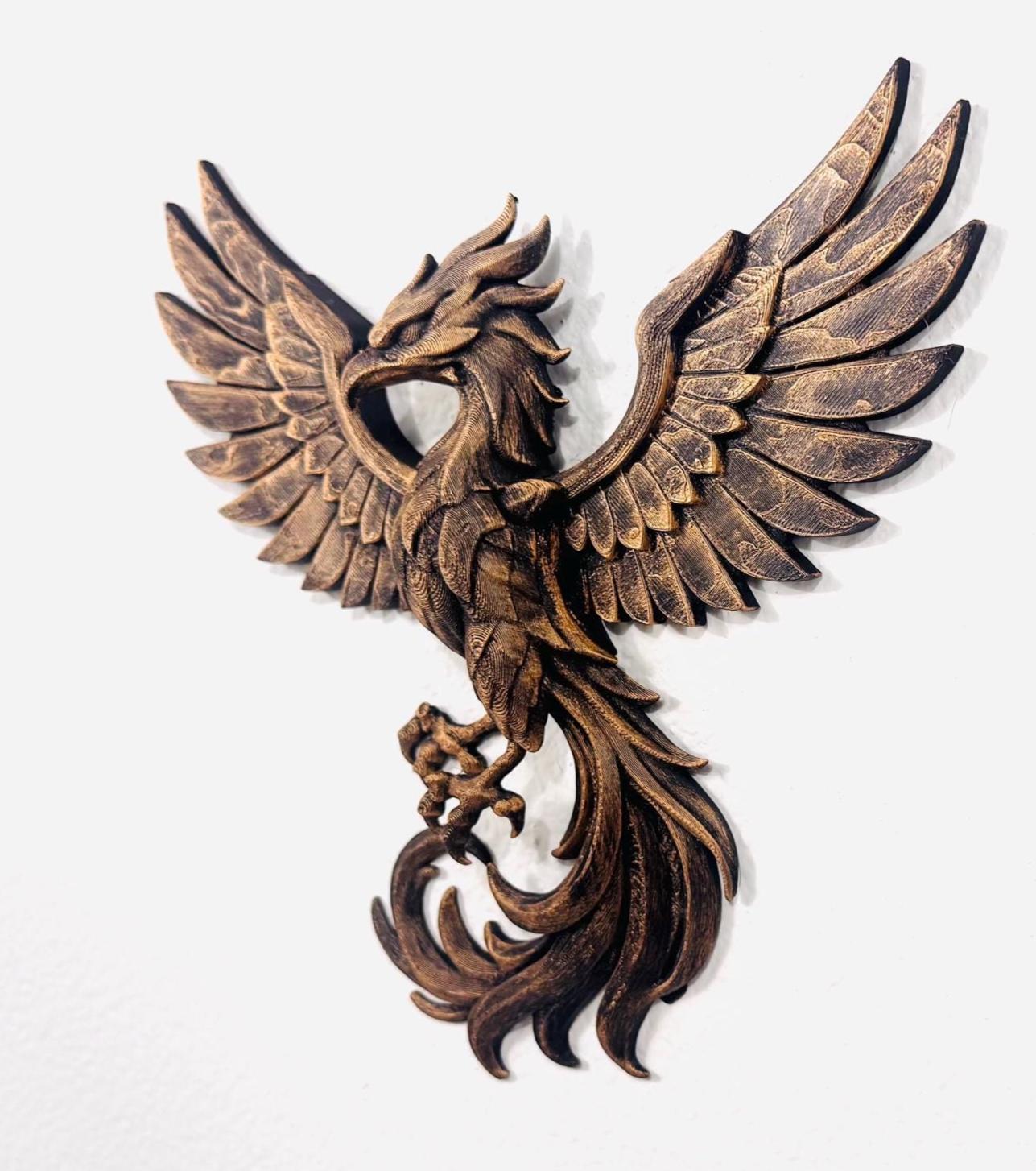 Hand Painted Phoenix Wall Art | Mythical Bird Sculpture | Rising Phoenix Home Decor | Bronze Style Wall Hanging | Fantasy Gift Gold Antique