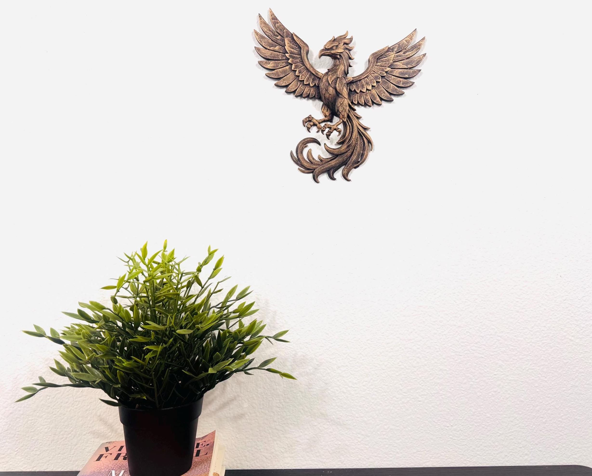 Hand Painted Phoenix Wall Art | Mythical Bird Sculpture | Rising Phoenix Home Decor | Bronze Style Wall Hanging | Fantasy Gift Gold Antique