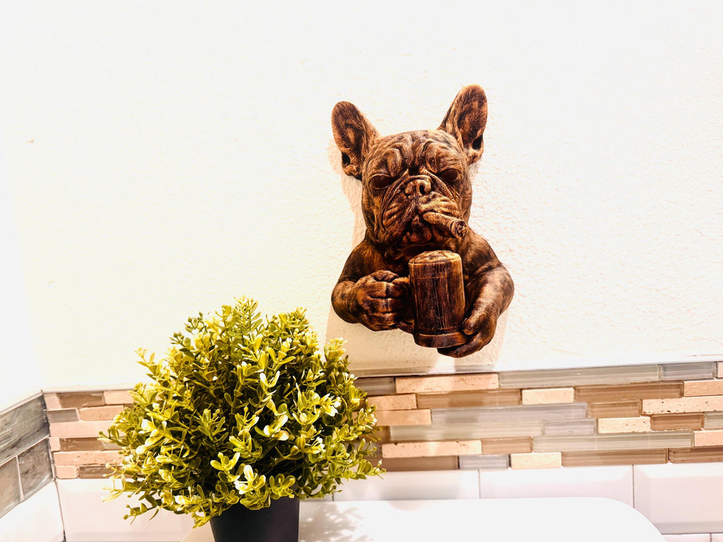 French Bulldog Wall Sculpture | Cigar & Beer Mug Dog Art | Funny Bar Decor | Man Cave Gift | Rustic Bulldog Wall Mount | Pub Wall Art
