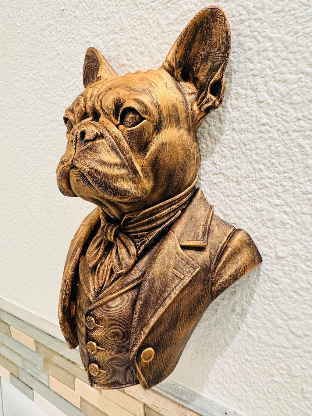Hand Painted Victorian French Bulldog Wall Sculpture | Dapper Dog Gentleman Bust | Antique Bronze Finish | Unique Pet Lover Home Decor Gift