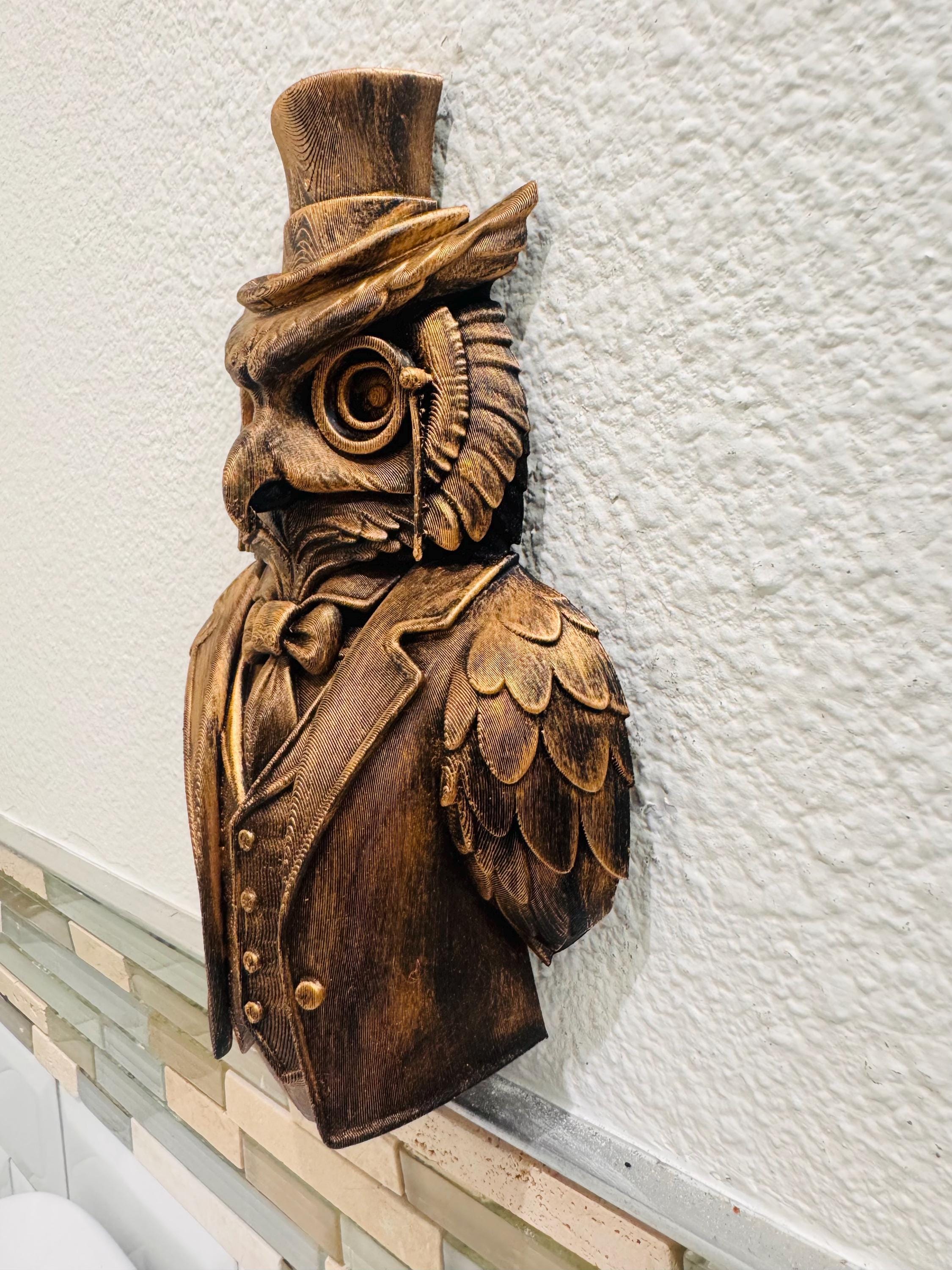 Hand Painted Victorian Owl Wall Sculpture | Steampunk Gentleman Bird Bust Unique Handcrafted Wall Art Home Decor Gift | Elegant Home Accent