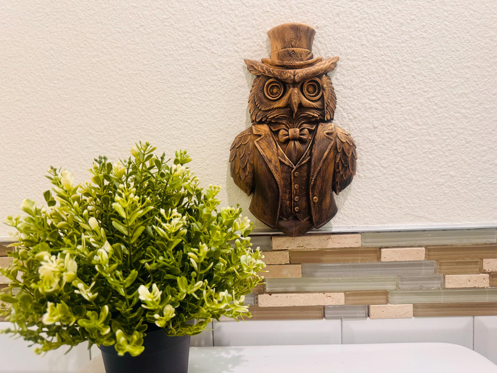 Hand Painted Victorian Owl Wall Sculpture | Steampunk Gentleman Bird Bust Unique Handcrafted Wall Art Home Decor Gift | Elegant Home Accent