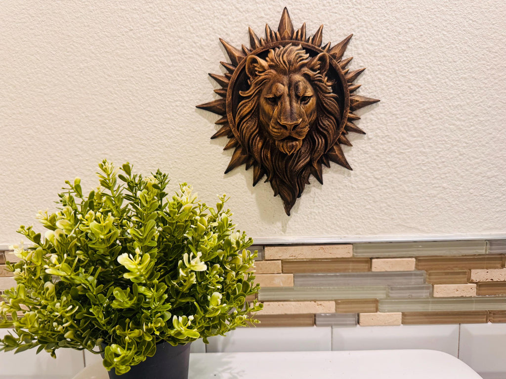 Hand Painted Bronze Lion Head Wall Art – Sunburst Lion Sculpture – Regal Animal Wall Hanging - Statement Decor for Living Room or Entryway