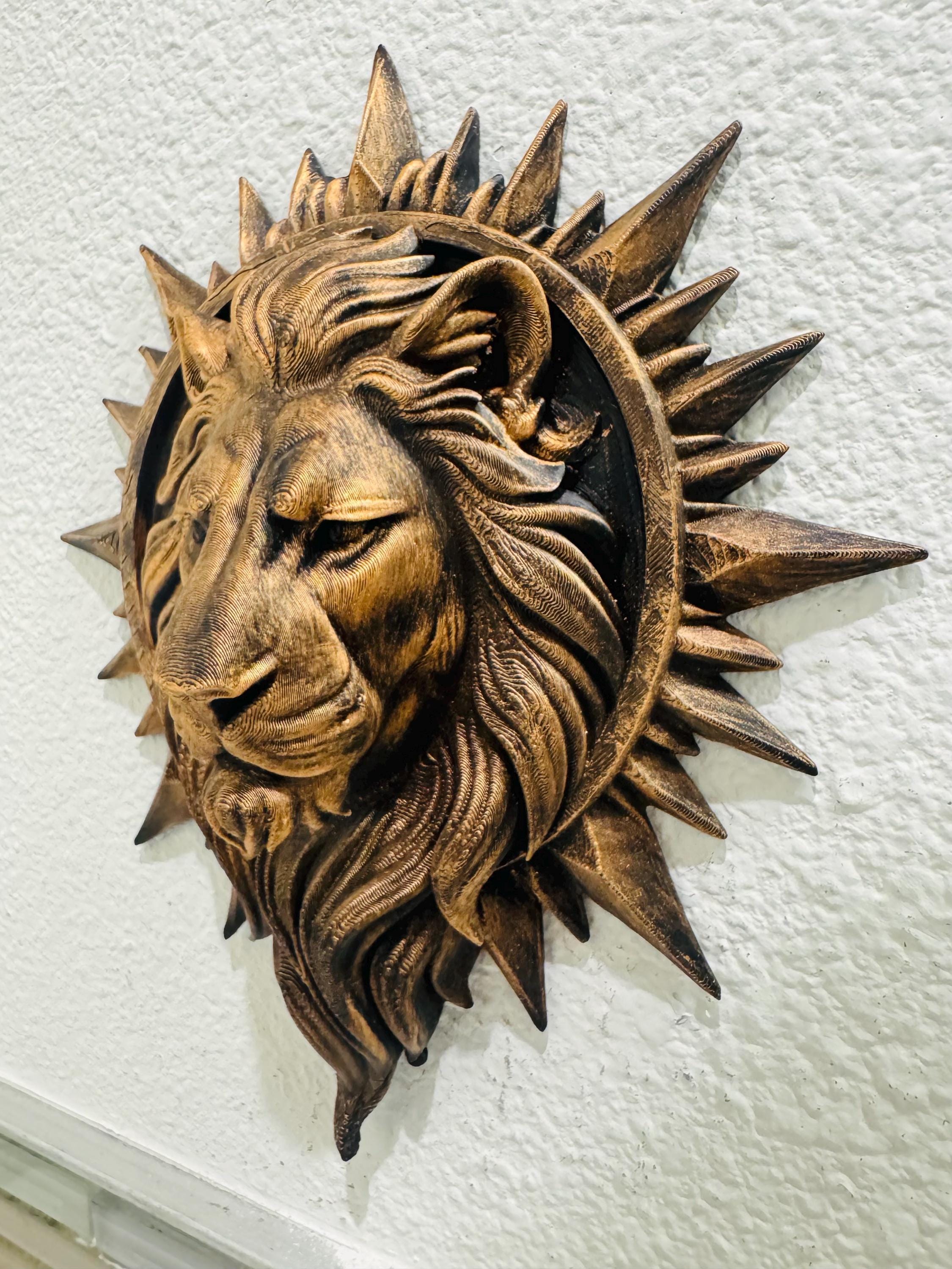 Hand Painted Bronze Lion Head Wall Art – Sunburst Lion Sculpture – Regal Animal Wall Hanging - Statement Decor for Living Room or Entryway