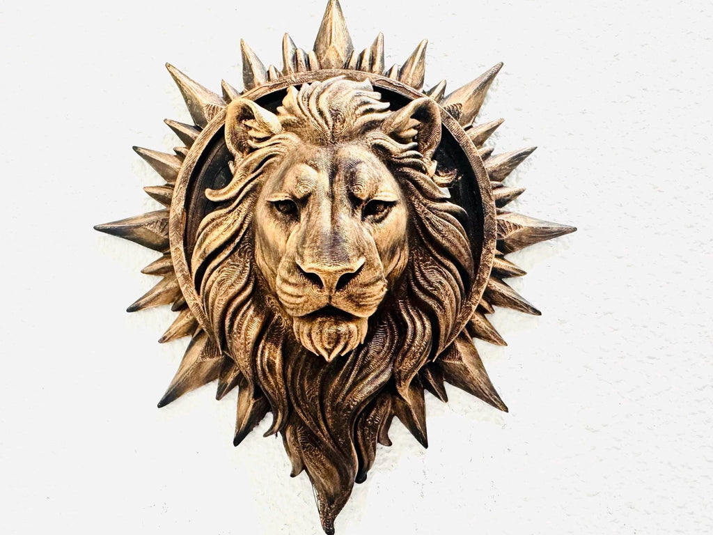 Hand Painted Bronze Lion Head Wall Art – Sunburst Lion Sculpture – Regal Animal Wall Hanging - Statement Decor for Living Room or Entryway