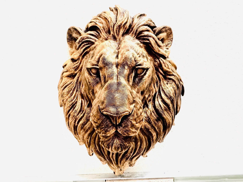 Front view of hand-painted bronze lion head wall sculpture with flowing mane