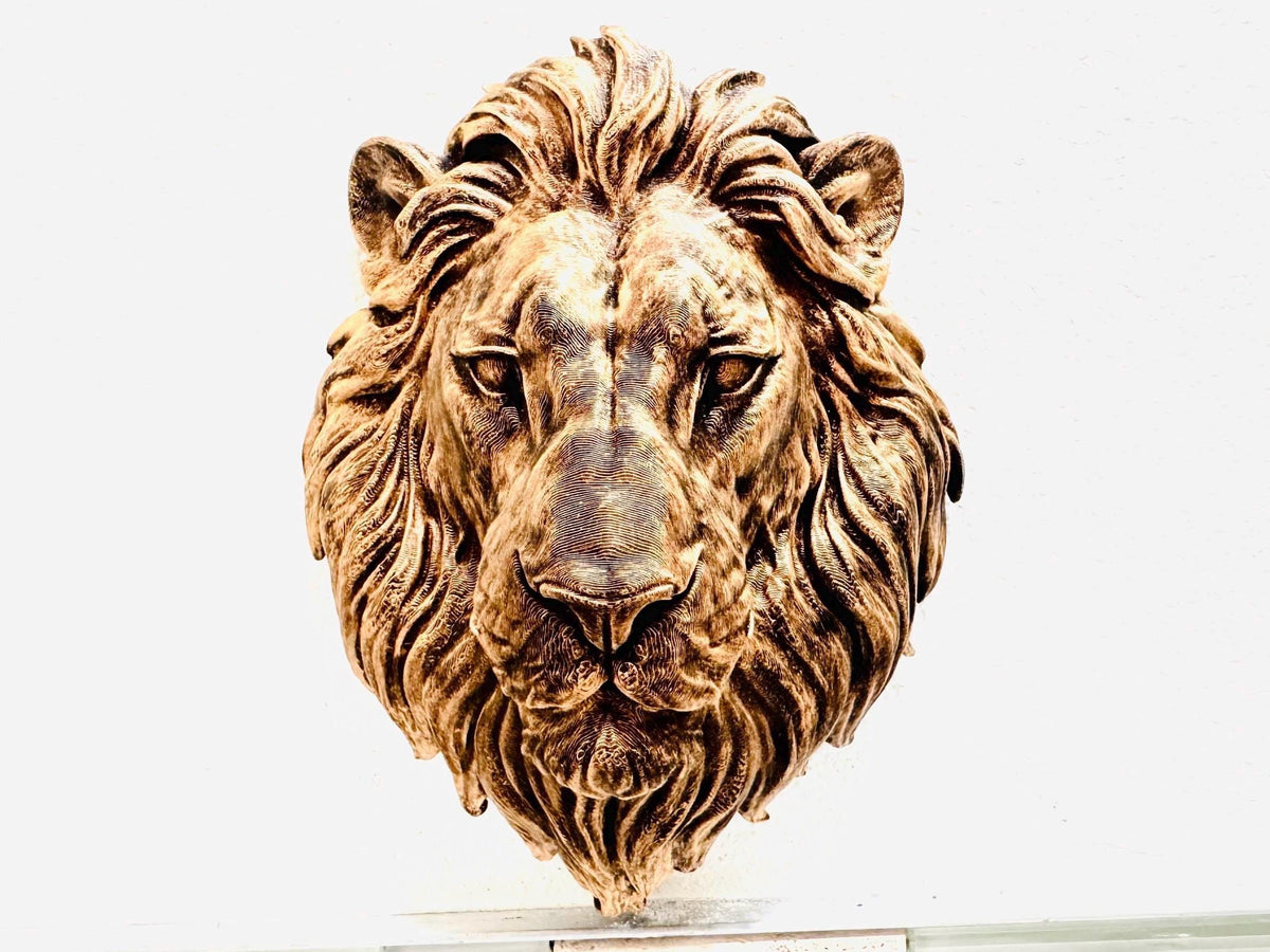 Front view of hand-painted bronze lion head wall sculpture with flowing mane