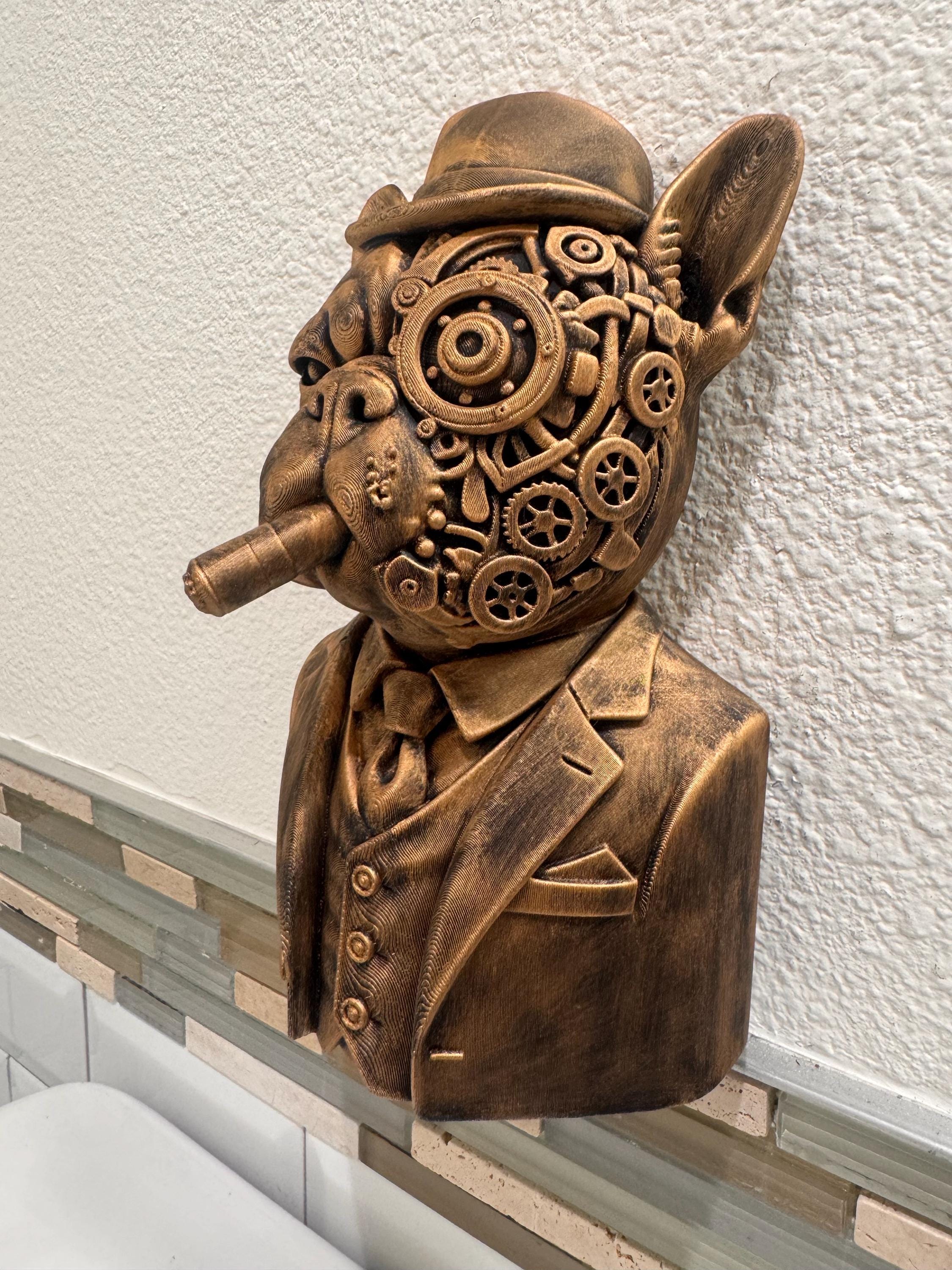 Hand Painted Steampunk French Bulldog Wall Art Dog Smoking Cigar Sculpture, Industrial Decor for Home, Office, or Frenchie Man Cave Gift