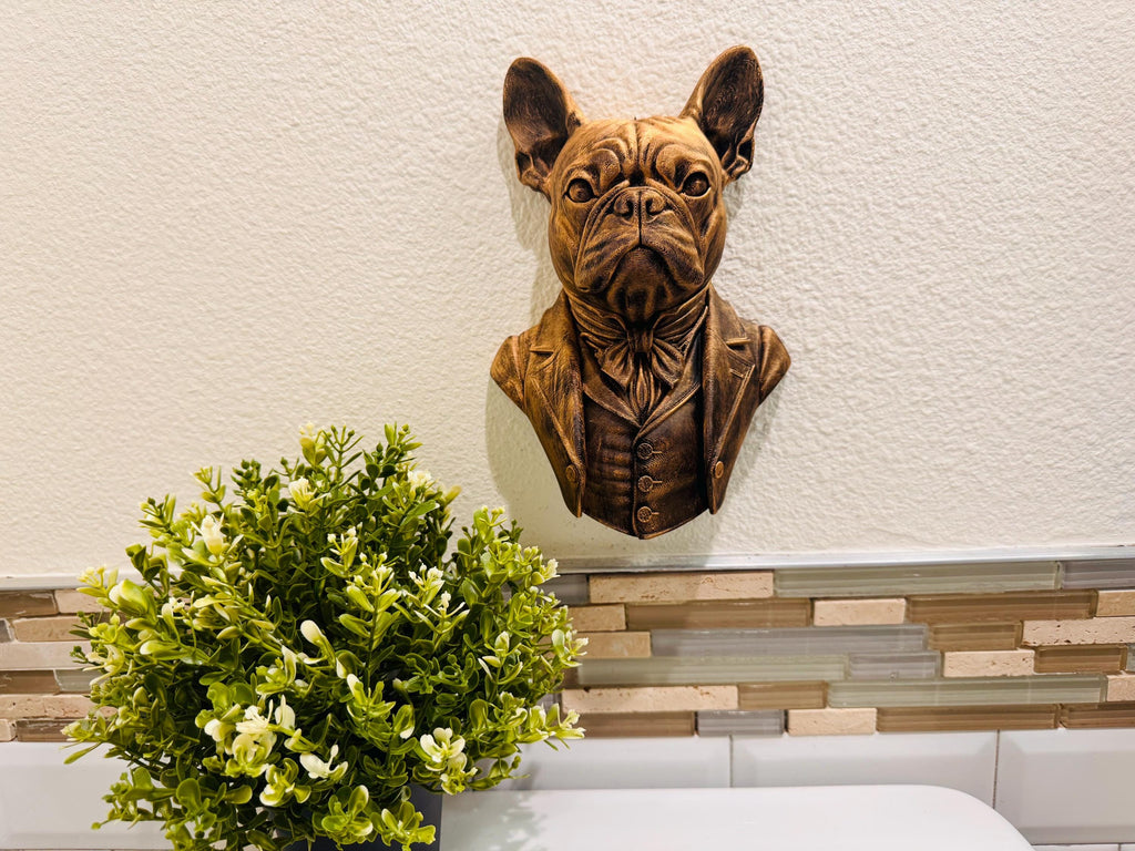 Hand Painted Victorian French Bulldog Wall Sculpture | Dapper Dog Gentleman Bust | Antique Bronze Finish | Unique Pet Lover Home Decor Gift