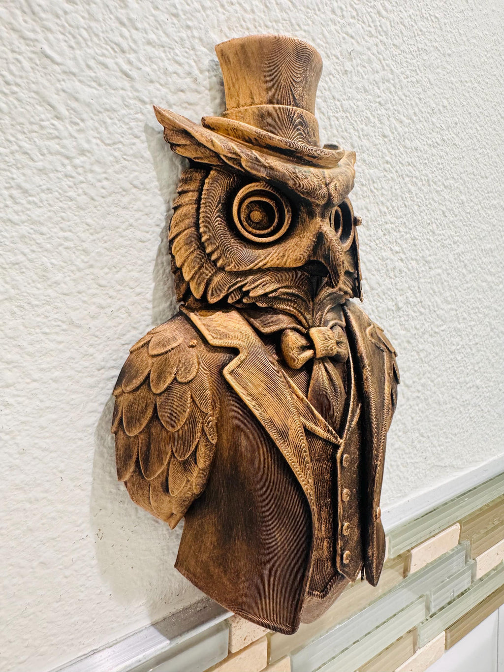 Hand Painted Victorian Owl Wall Sculpture | Steampunk Gentleman Bird Bust Unique Handcrafted Wall Art Home Decor Gift | Elegant Home Accent