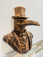 Right side profile of the steampunk crow gentleman in a tailored coat