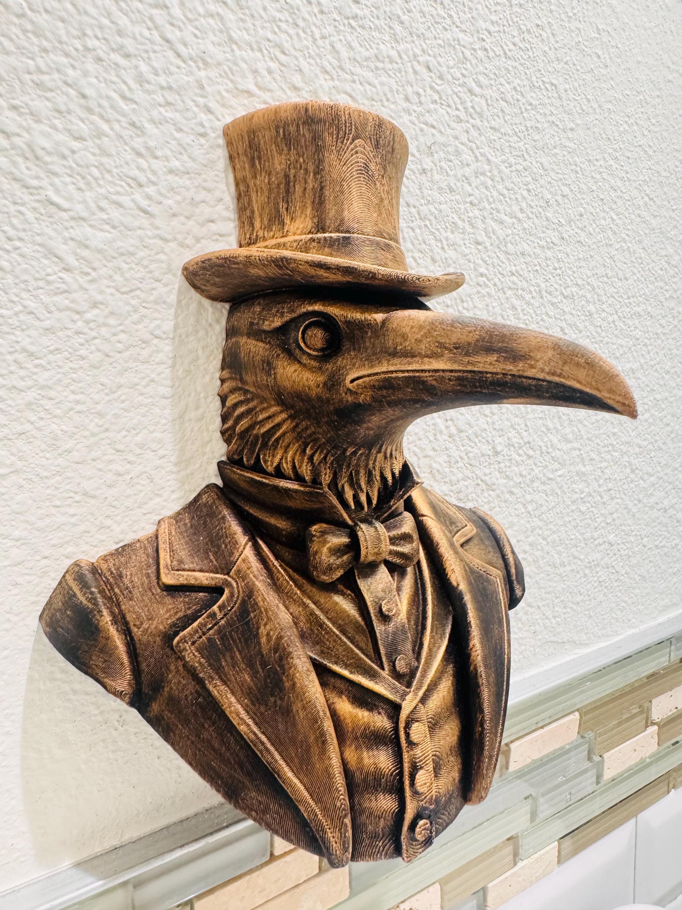 Gothic Raven Wall Sculpture | Steampunk Crow Gentleman Art | Victorian 3D Printed Gothic Decor | Dark Bird Bust for Home or Living Room