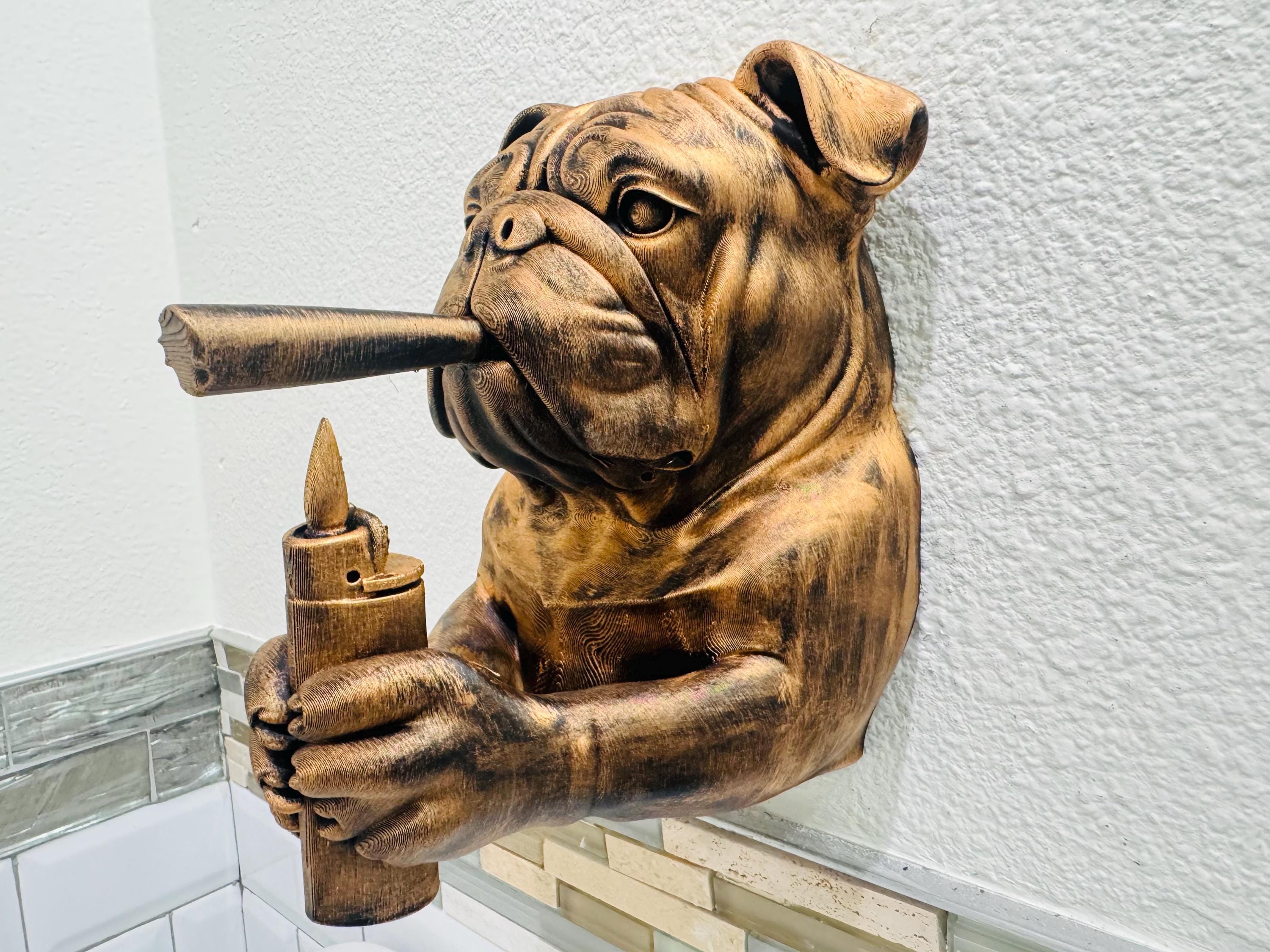 Bulldog Smoking A Blunt Wall Sculpture | Vintage Cigar Dog Gentleman Decor | Unique Bulldog Weed Wall Art | Masculine Home or Office Accent
