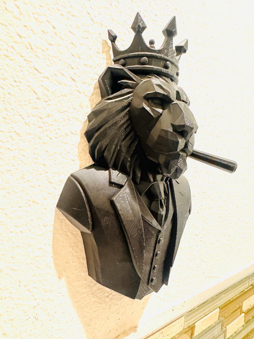 Crowned Lion Wall Sculpture Smoking Cigar | King Lion Bust Wall Art | Gothic Royal Animal Decor | Man Cave Office Statement Piece