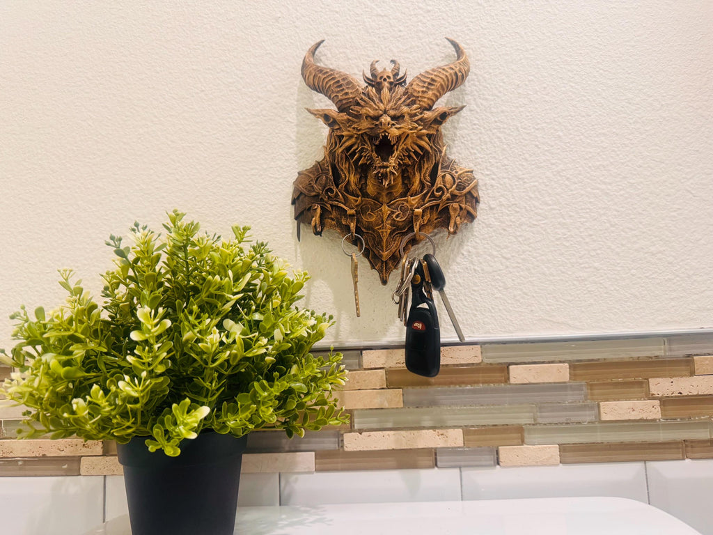 Gothic Dragon Key Holder Wall Mount | Demonic Horned Dragon Head | Dark Fantasy Entryway Wall Decor | Man Cave Gothic Gift