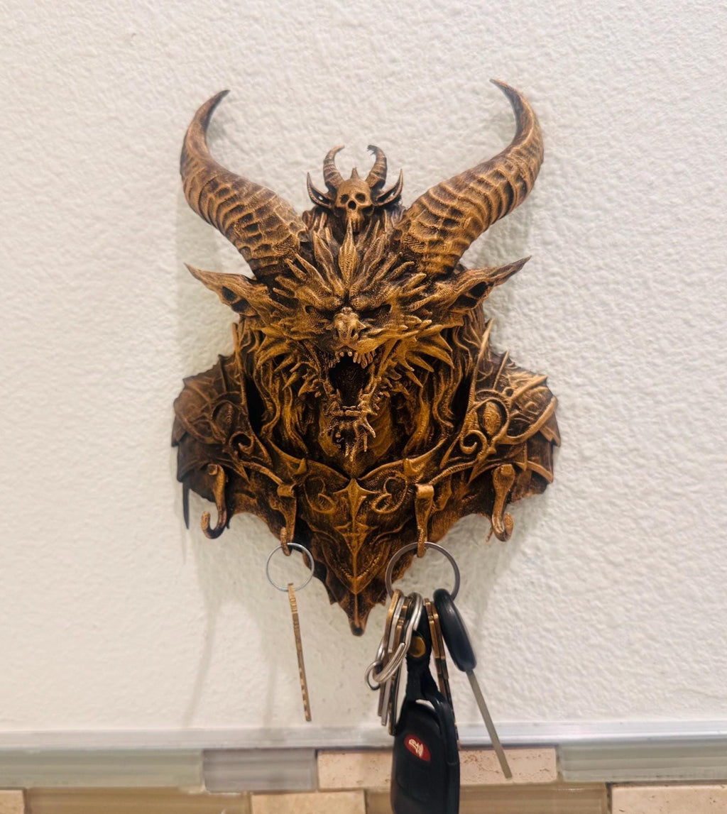Gothic Dragon Key Holder Wall Mount | Demonic Horned Dragon Head | Dark Fantasy Entryway Wall Decor | Man Cave Gothic Gift