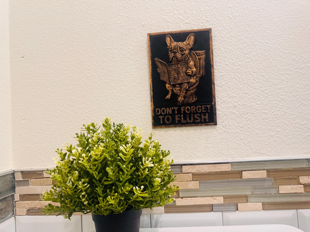 Funny French Bulldog Bathroom Sign – Don’t Forget to Flush Wall Decor Plaque, Dog Reading Newspaper, Toilet Humor Gift for Home or Office