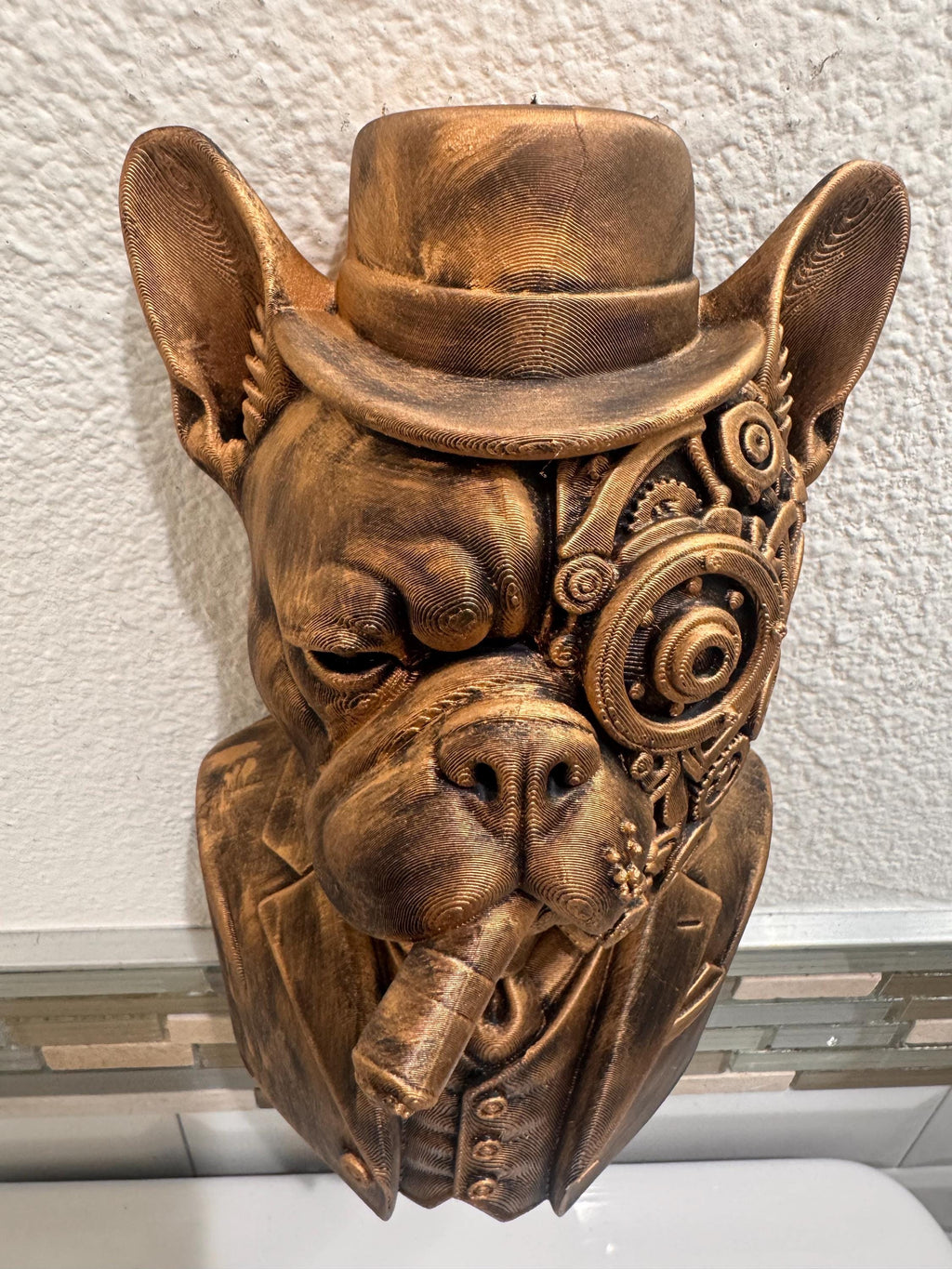 Hand Painted Steampunk French Bulldog Wall Art Dog Smoking Cigar Sculpture, Industrial Decor for Home, Office, or Frenchie Man Cave Gift