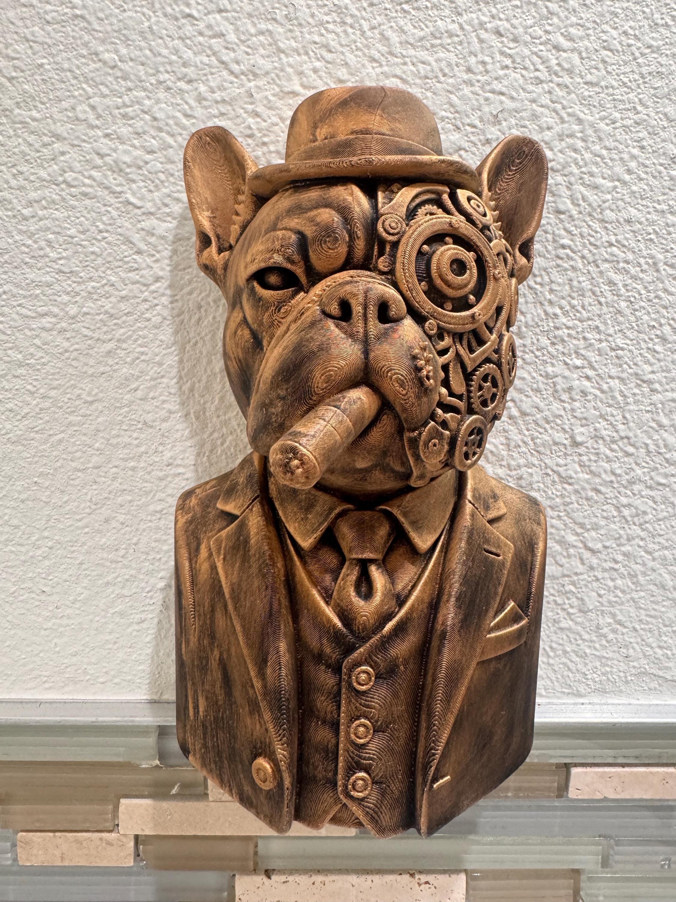 Hand Painted Steampunk French Bulldog Wall Art Dog Smoking Cigar Sculpture, Industrial Decor for Home, Office, or Frenchie Man Cave Gift