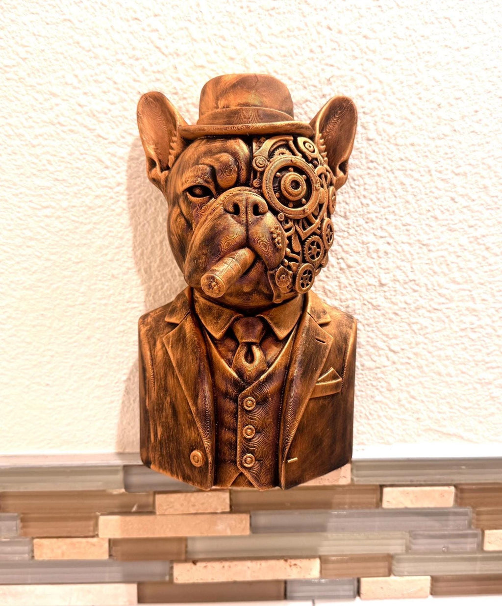 Hand Painted Steampunk French Bulldog Wall Art Dog Smoking Cigar Sculpture, Industrial Decor for Home, Office, or Frenchie Man Cave Gift