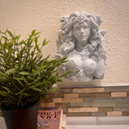 Medusa wall bust displayed above tile beside a potted plant