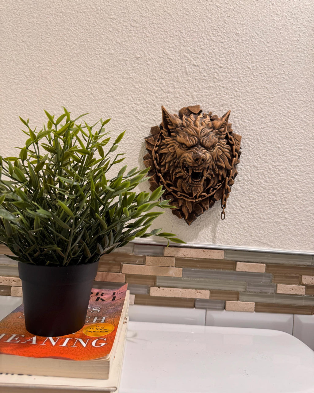 Hand Painted Fenrir-inspired Gothic Wolf Head Wall Decor, Bronze Finish Dark Fantasy Sculpture, Norse Myth Wall Mount Art, Norse Mythology