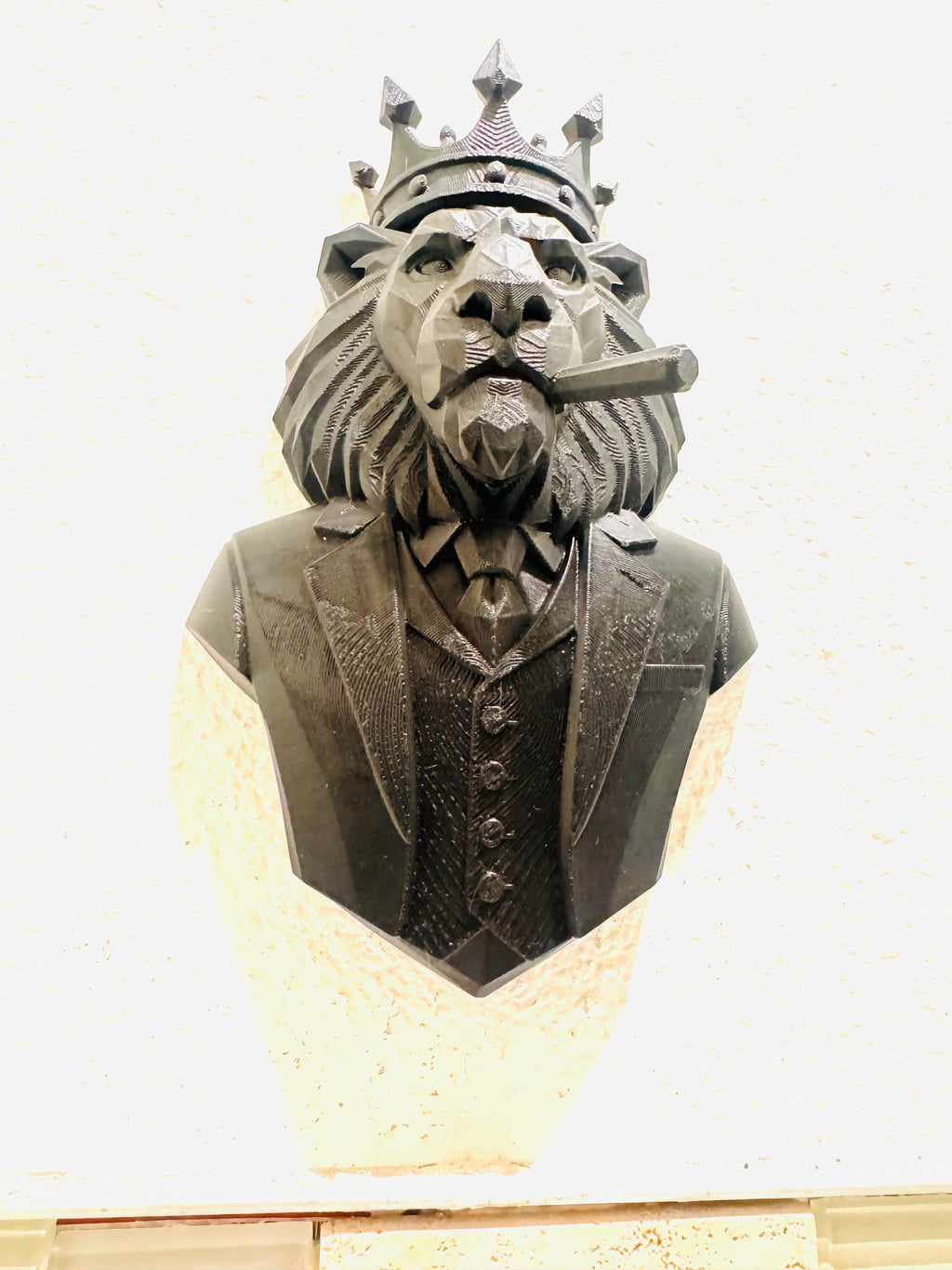Crowned Lion Wall Sculpture Smoking Cigar | King Lion Bust Wall Art | Gothic Royal Animal Decor | Man Cave Office Statement Piece