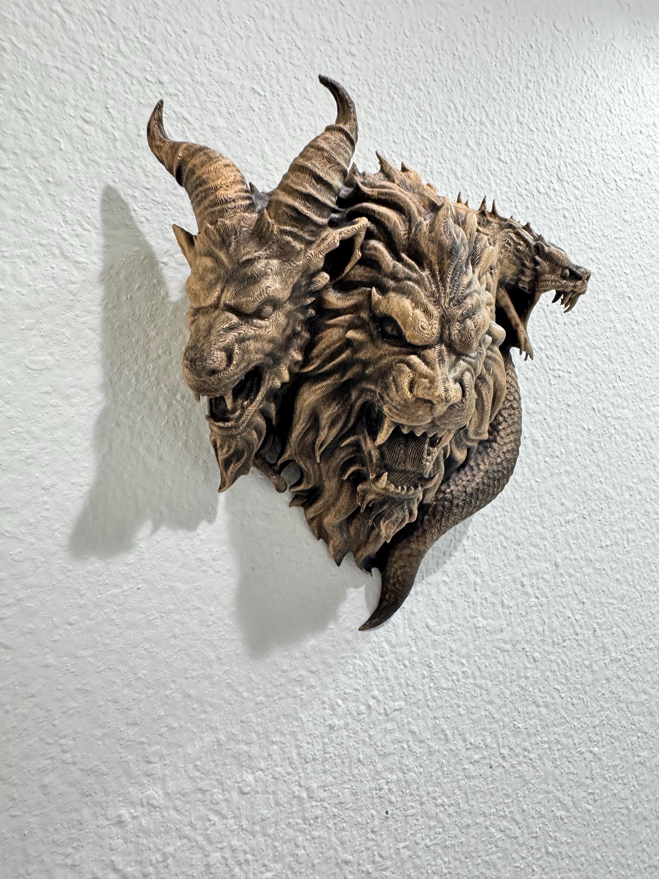 Three-Headed Chimera Wall Sculpture - Gothic Mythical Beast Decor - Antique Bronze Style Fantasy Wall Art