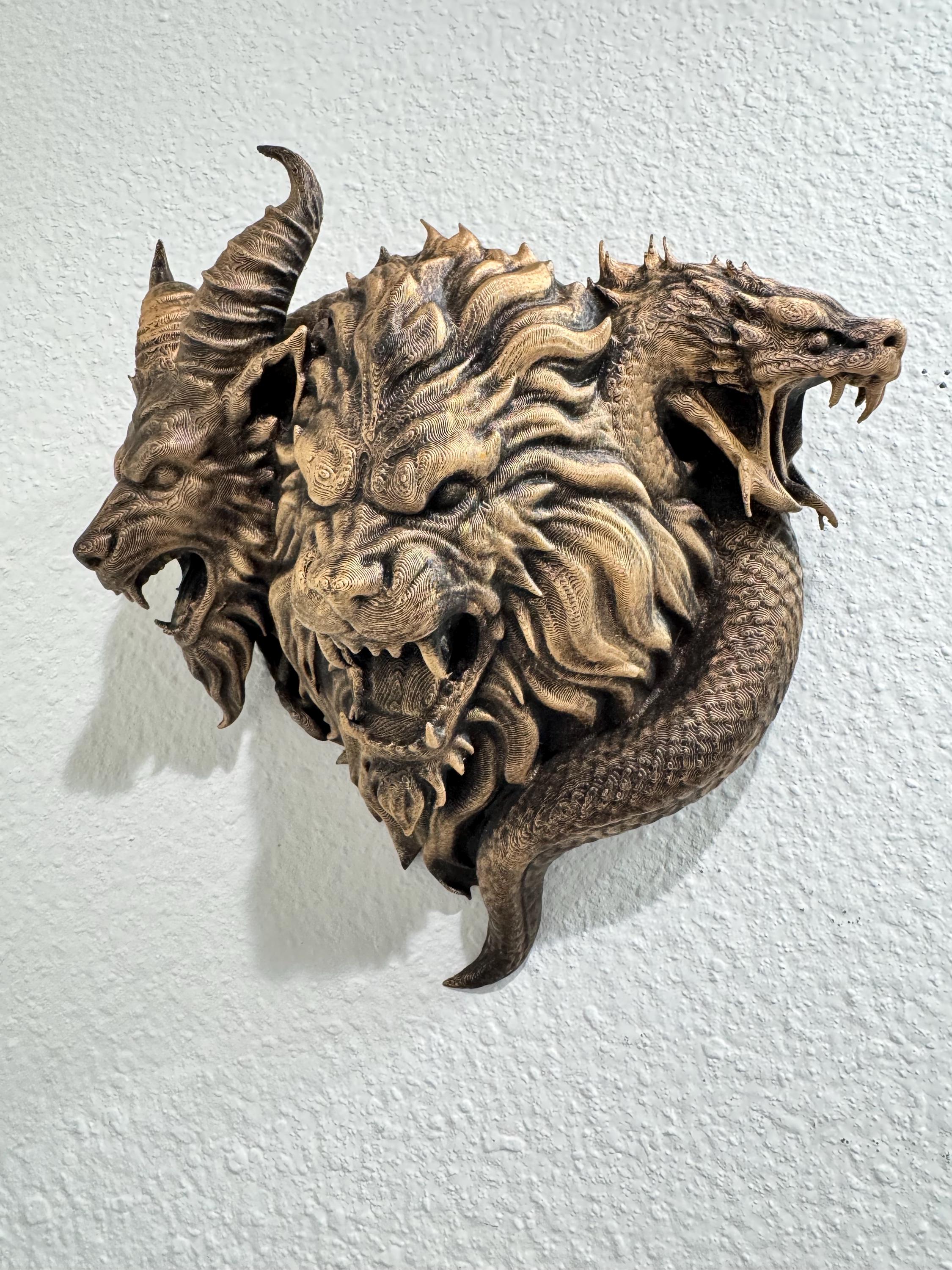 Three-Headed Chimera Wall Sculpture - Gothic Mythical Beast Decor - Antique Bronze Style Fantasy Wall Art