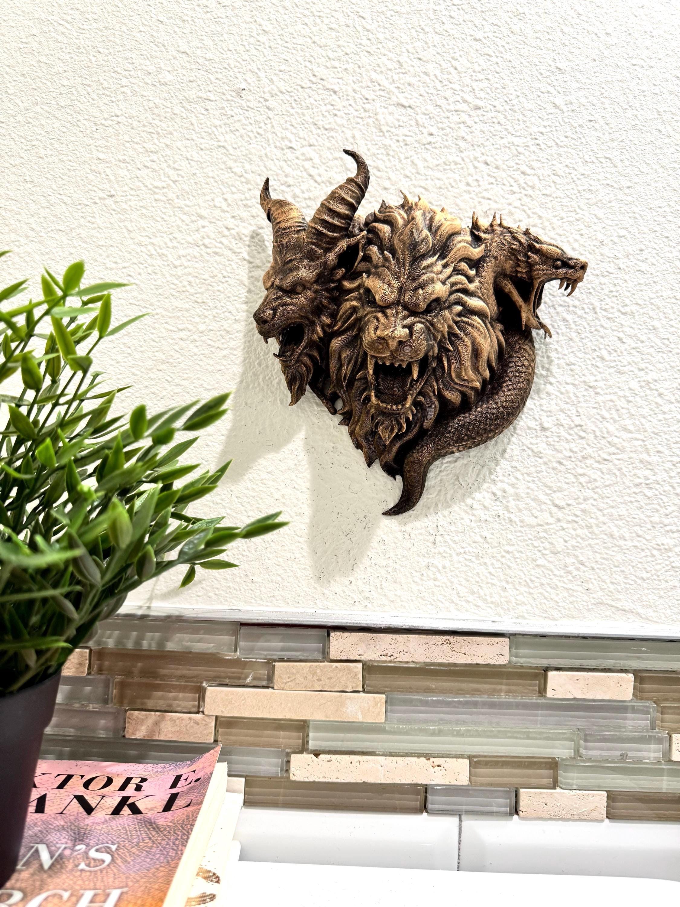 Three-Headed Chimera Wall Sculpture - Gothic Mythical Beast Decor - Antique Bronze Style Fantasy Wall Art