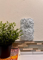 Stone faces relief hung above a plant and books on a counter