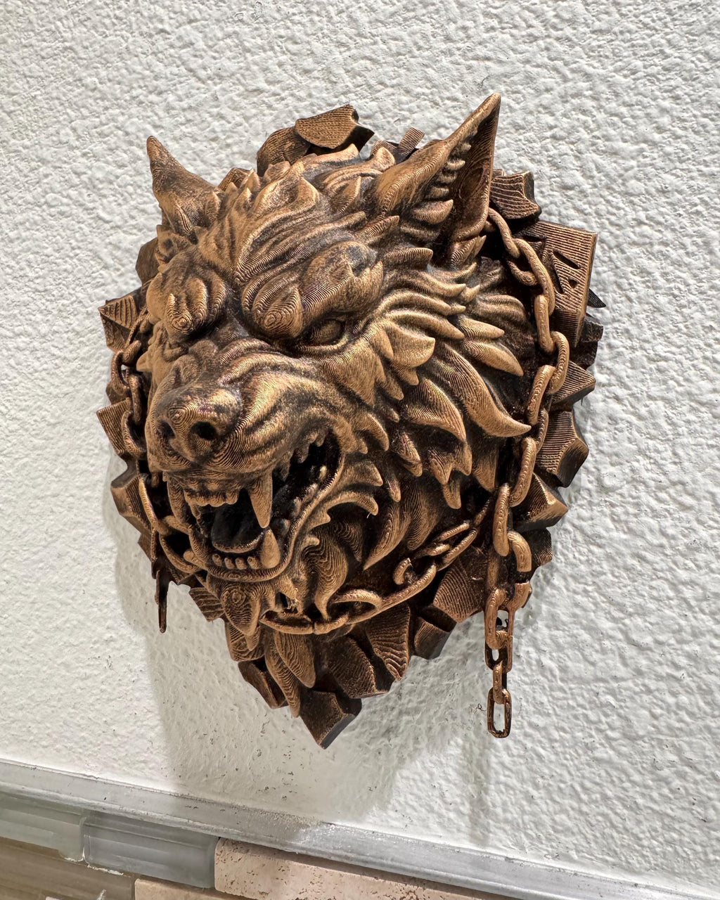 Hand Painted Fenrir-inspired Gothic Wolf Head Wall Decor, Bronze Finish Dark Fantasy Sculpture, Norse Myth Wall Mount Art, Norse Mythology