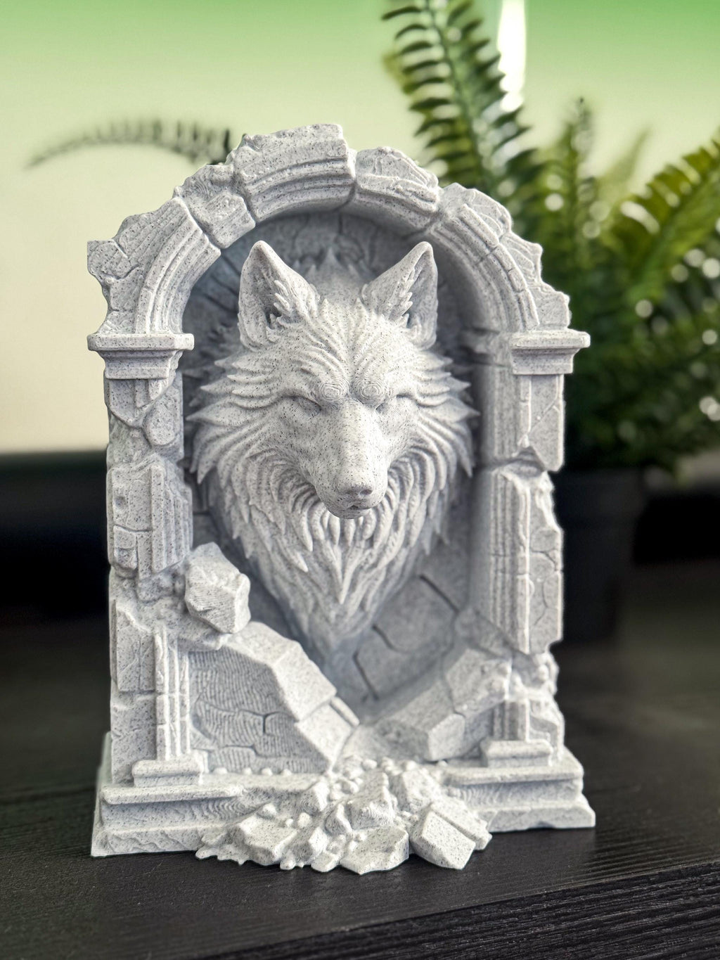 Stone Wolf Wall Sculpture - Marble Look Wolf Head Wall Decor - Mythic Guardian Wolf Art - Gothic Fantasy Home Decor - 3D Printed Art