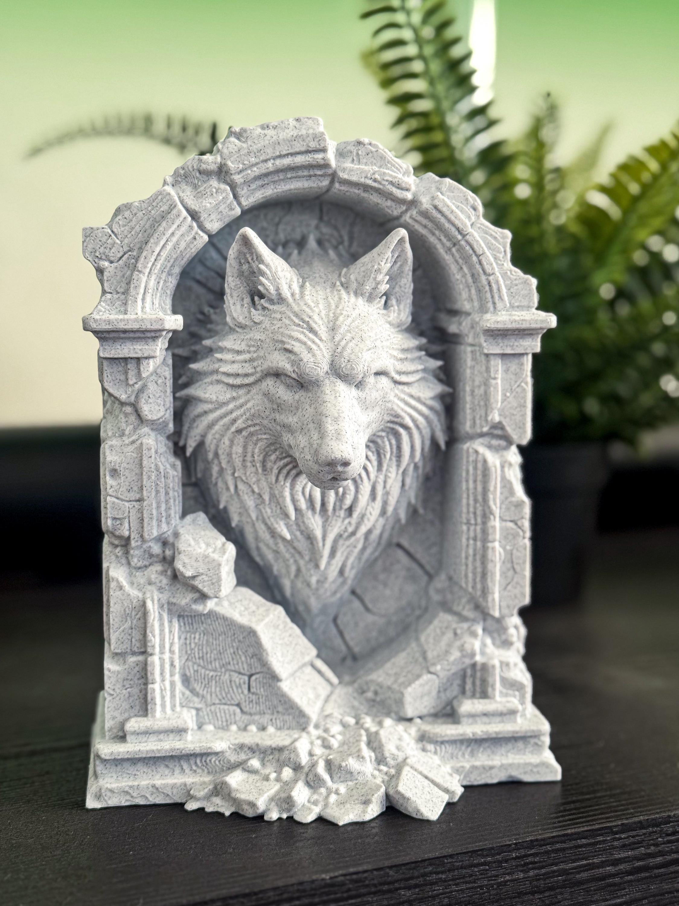 Stone Wolf Wall Sculpture - Marble Look Wolf Head Wall Decor - Mythic Guardian Wolf Art - Gothic Fantasy Home Decor - 3D Printed Art
