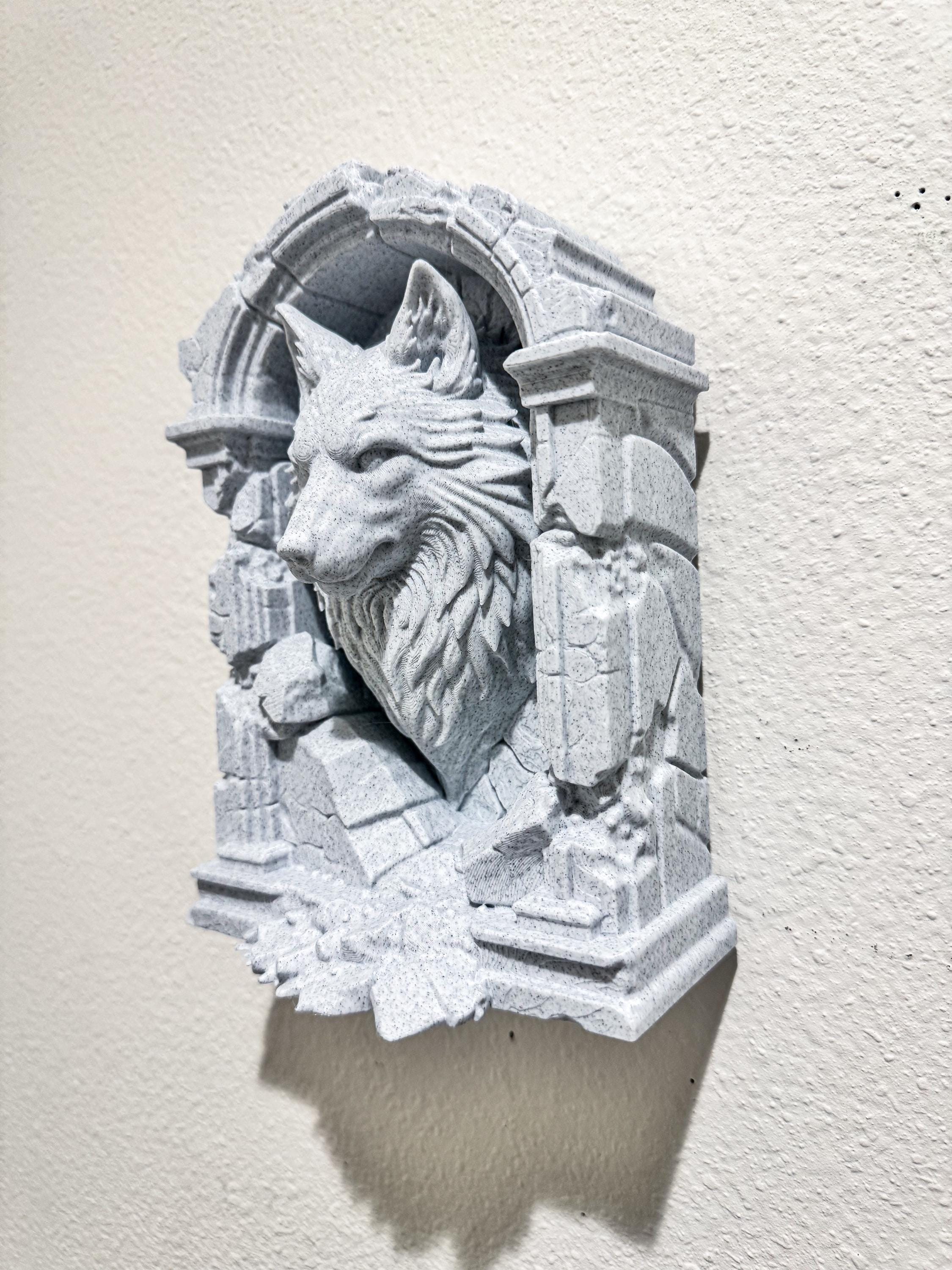 Stone Wolf Wall Sculpture - Marble Look Wolf Head Wall Decor - Mythic Guardian Wolf Art - Gothic Fantasy Home Decor - 3D Printed Art