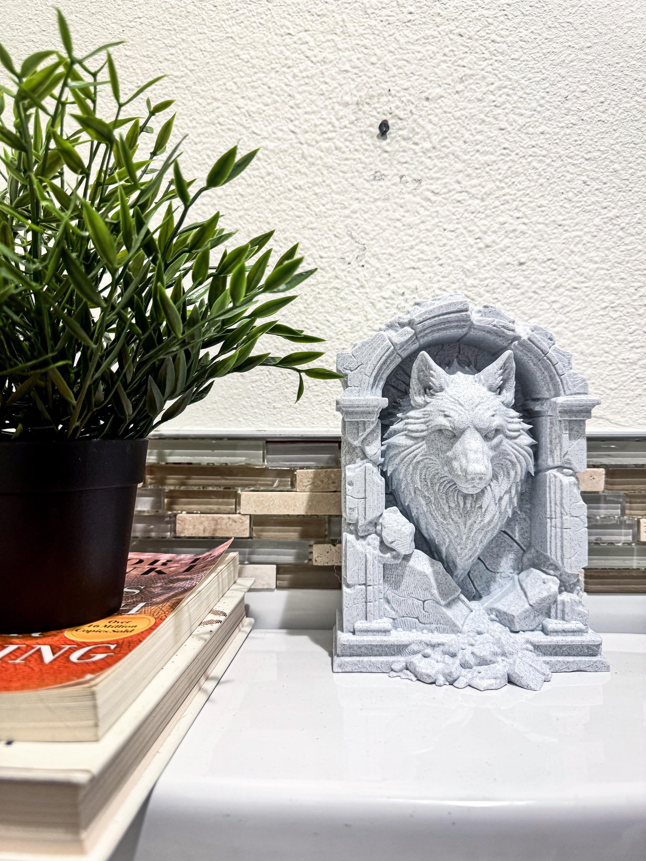 Stone Wolf Wall Sculpture - Marble Look Wolf Head Wall Decor - Mythic Guardian Wolf Art - Gothic Fantasy Home Decor - 3D Printed Art