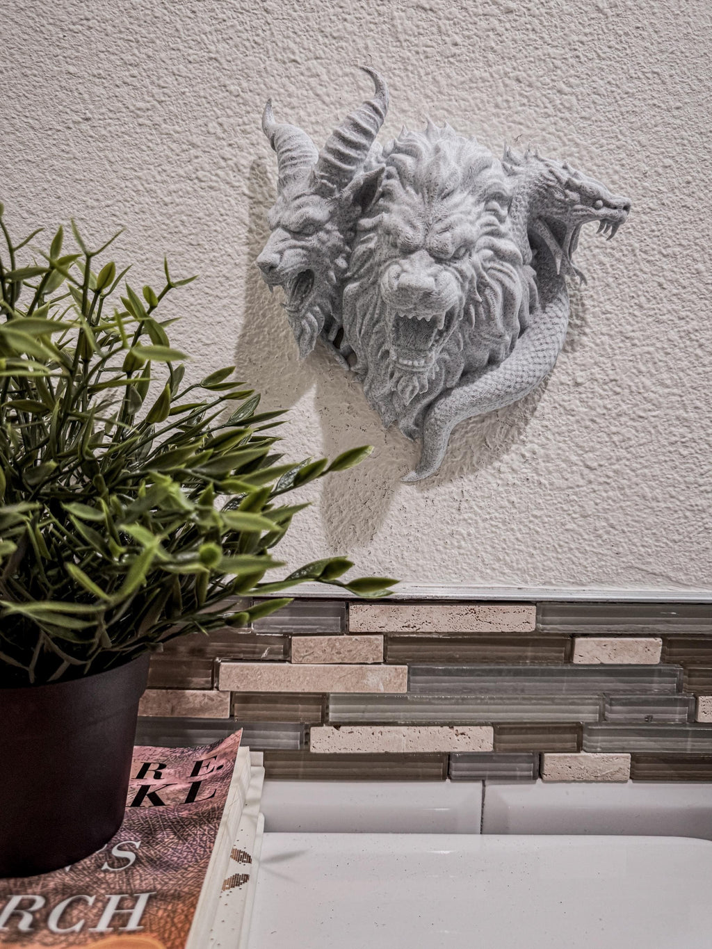 Chimera Wall Sculpture - Stone Finish Mythical Beast Decor- Gothic Fantasy Wall Art - Three Headed Monster Home Decor, Chimera Wall Mount