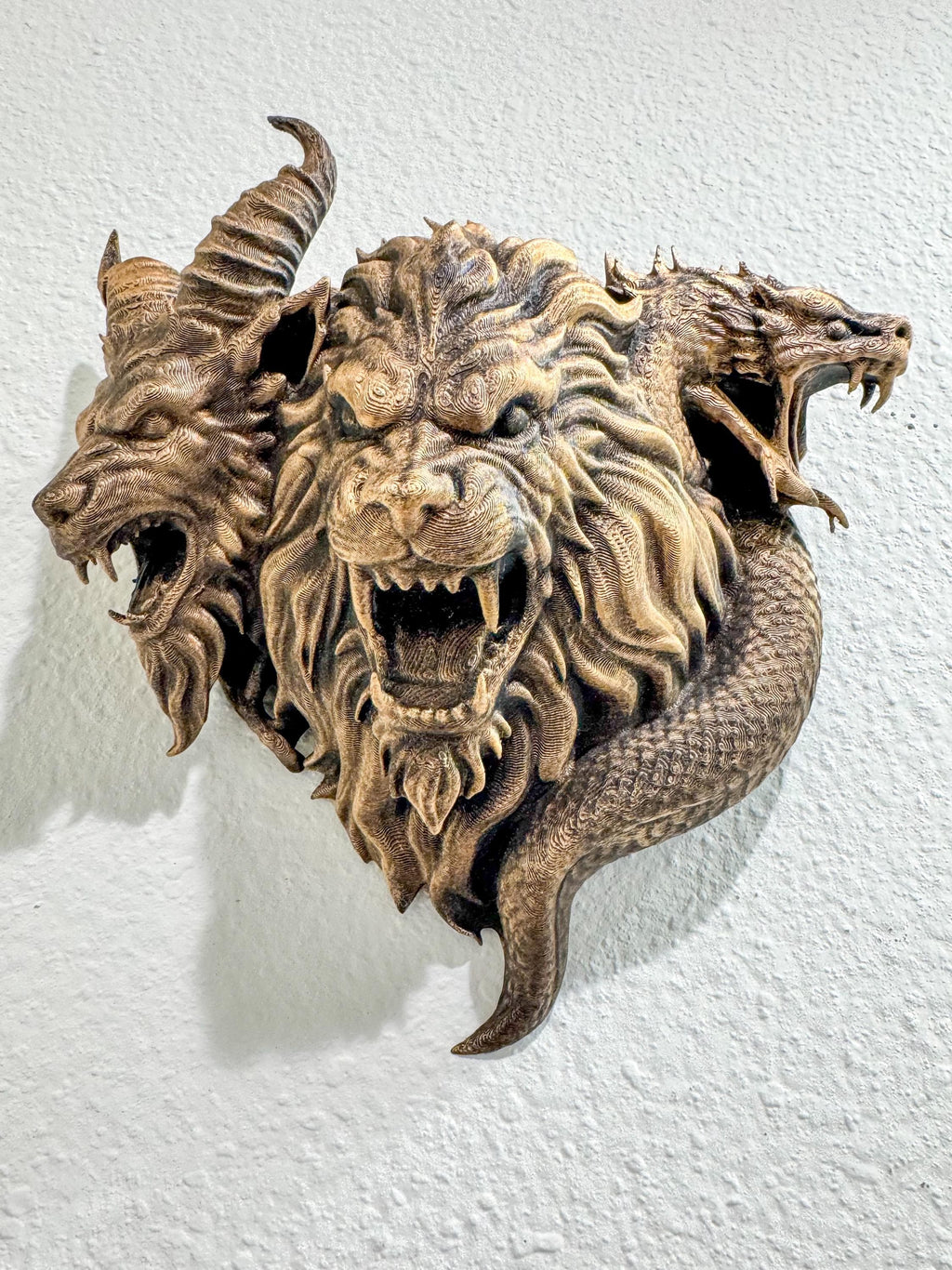 Three-Headed Chimera Wall Sculpture - Gothic Mythical Beast Decor - Antique Bronze Style Fantasy Wall Art