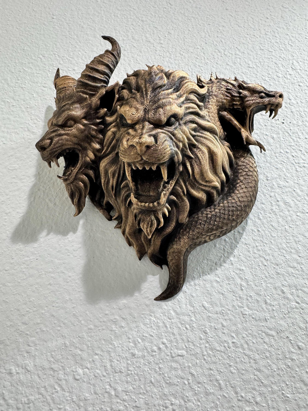 Three-Headed Chimera Wall Sculpture - Gothic Mythical Beast Decor - Antique Bronze Style Fantasy Wall Art