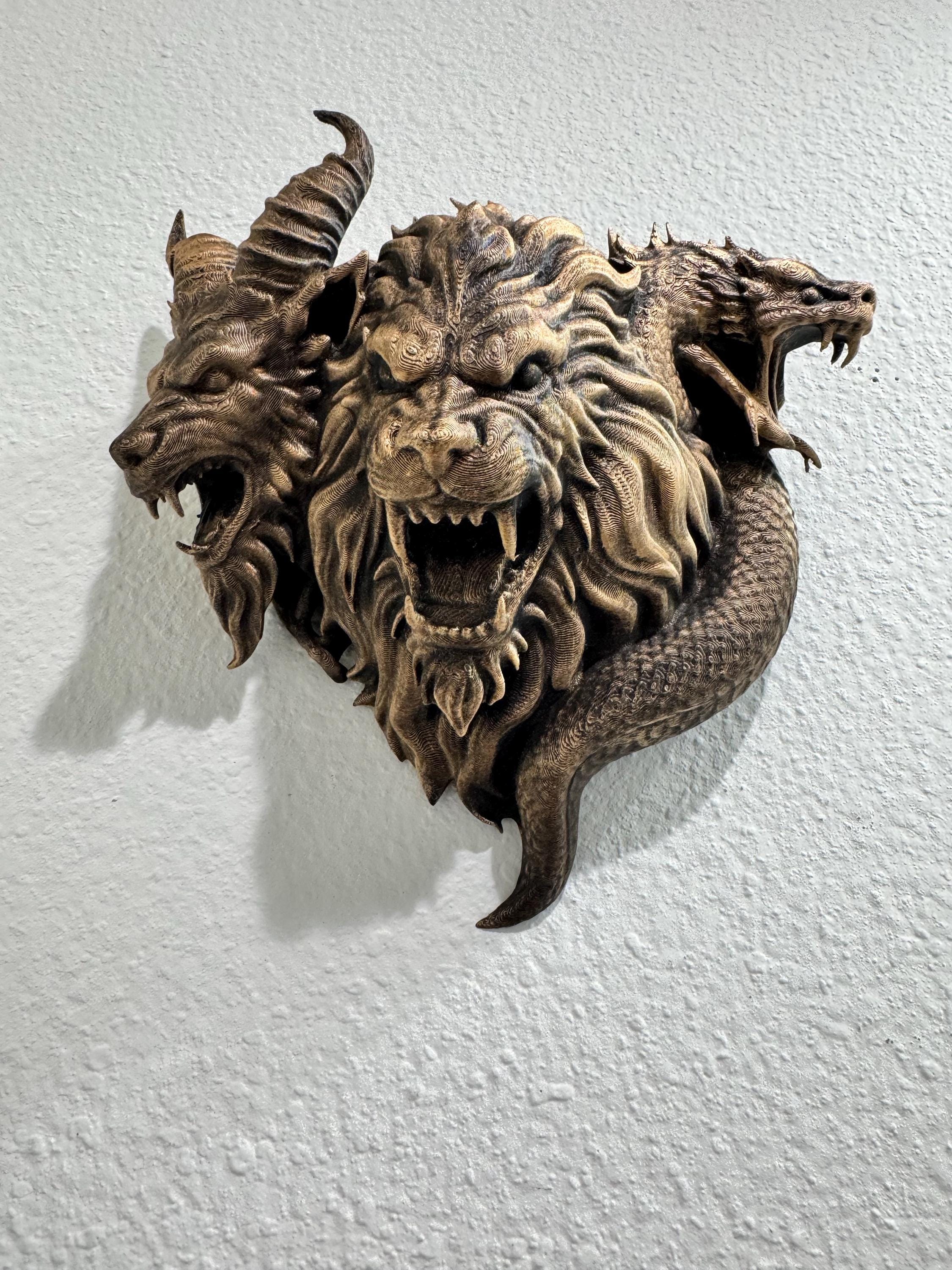 Three-Headed Chimera Wall Sculpture - Gothic Mythical Beast Decor - Antique Bronze Style Fantasy Wall Art