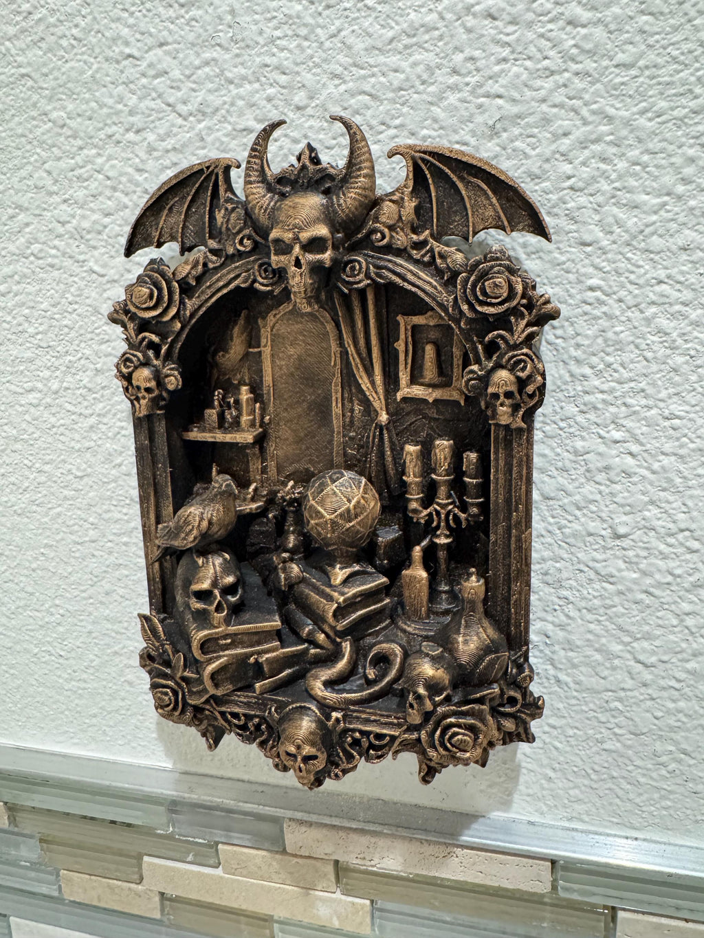 Hand Painted Gothic Occult Wall Decor Skull Altar Dark Fantasy Witchcraft Wall Art Medieval Gothic Home Decor Ritual Altar Art